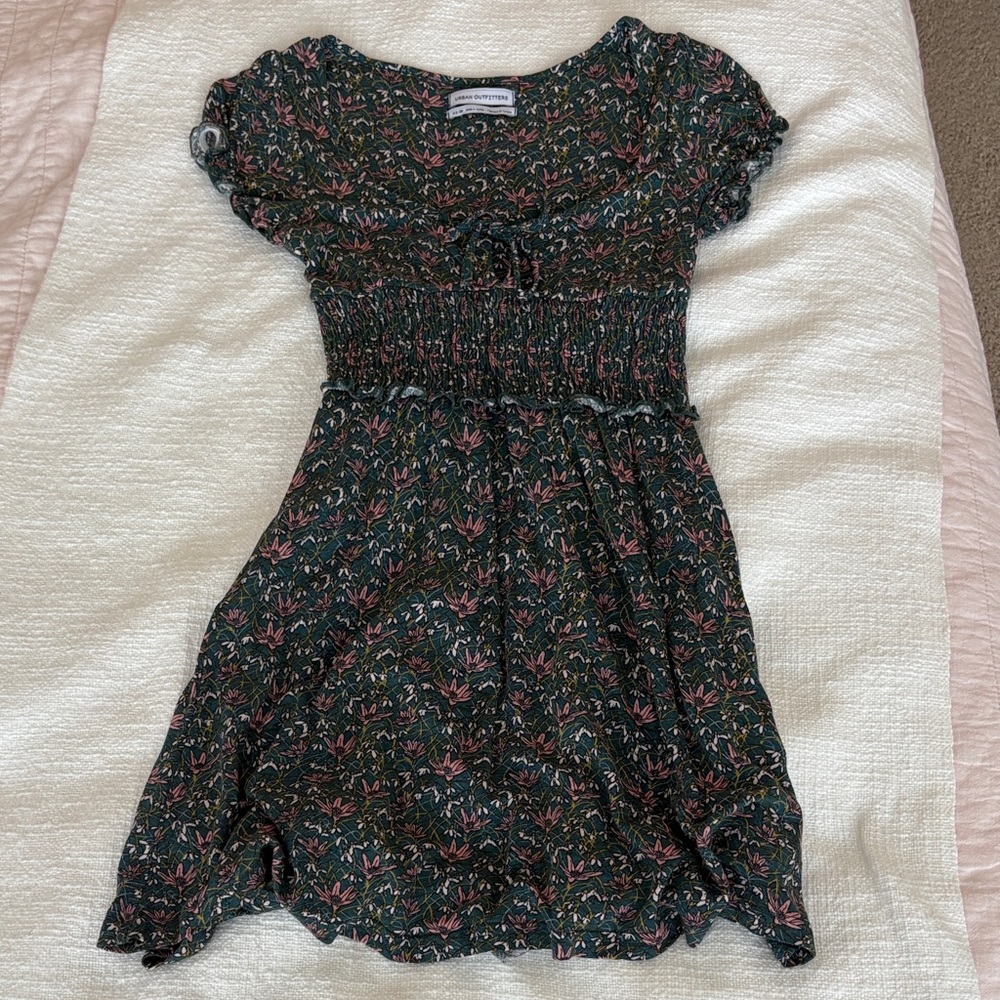 Urban Outfitters Dark Green Floral Mini Dress with Pink & Blue Details
